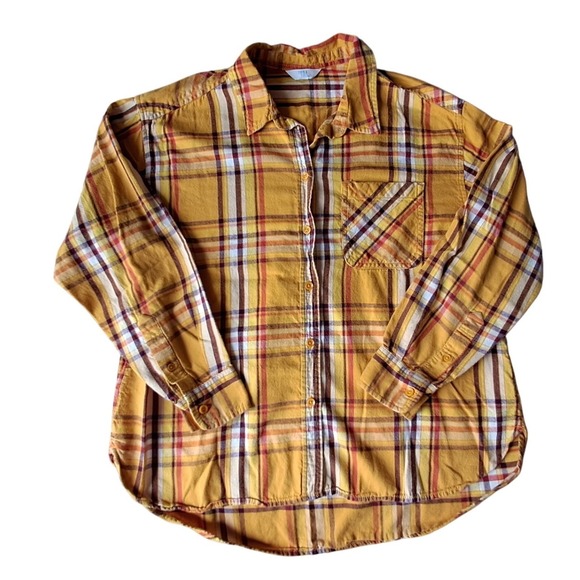 Time and Tru Tops - Time and Tru Plaid Button Down Shirt Women's Large L Mustard Yellow Red Casual